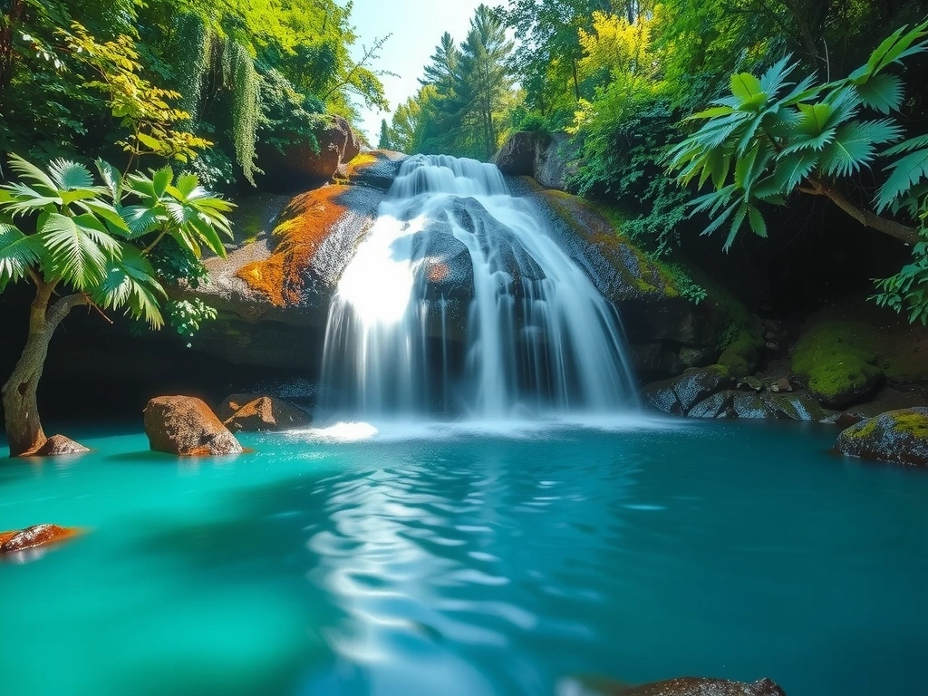Cascadă cristalină într-o pădure vibrantă, evocând puritatea și revigorarea