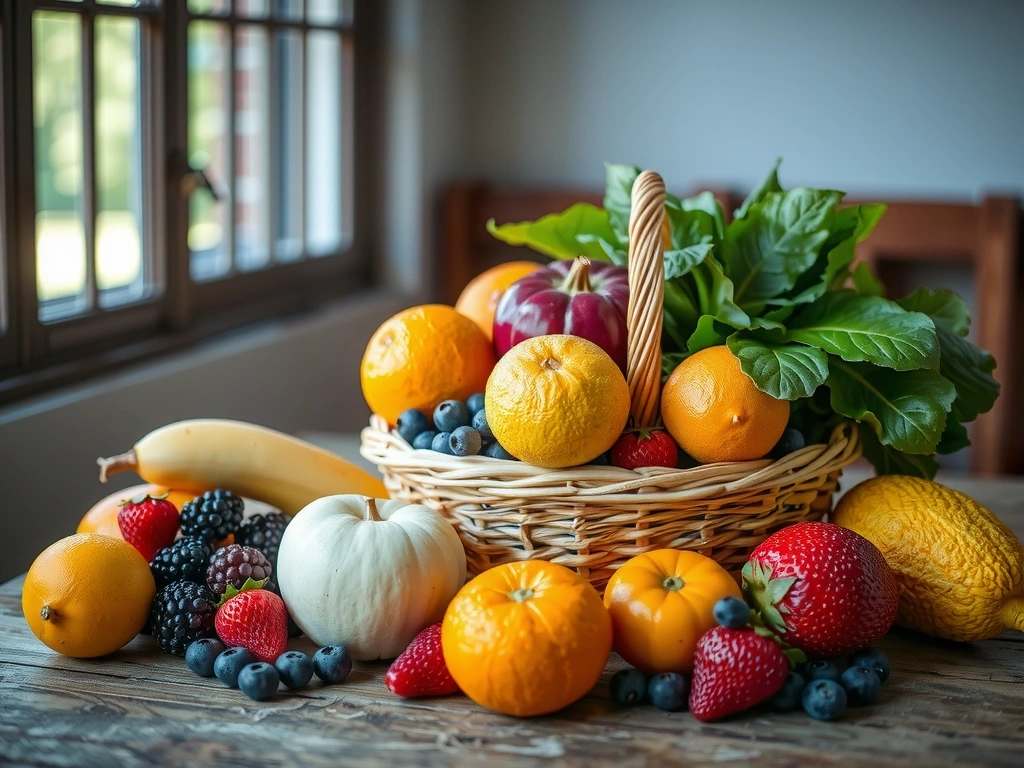 Coș plin cu fructe și legume proaspete, colorate, pe o masă de lemn rustică