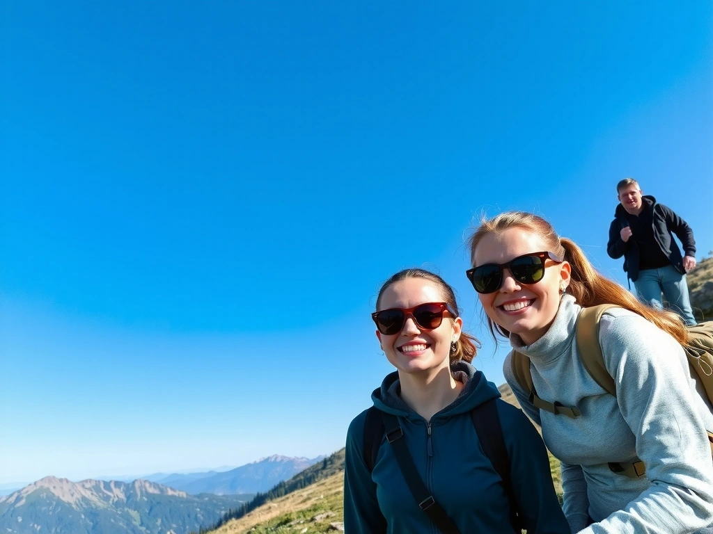 Oameni zâmbitori care fac o drumeție pe munte, cu un peisaj montan spectaculos în spate