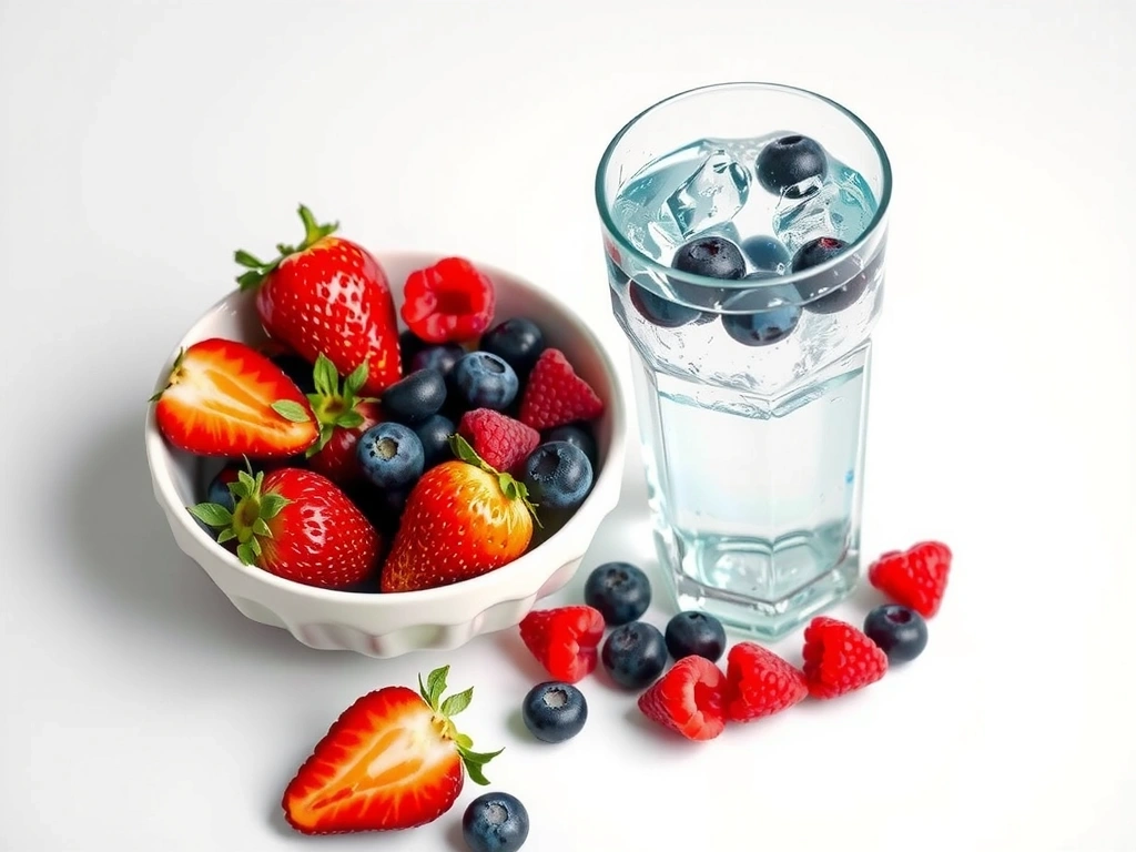 Sticlă de apă proaspătă lângă o farfurie cu fructe de pădure, simbolizând hidratarea și antioxidanții