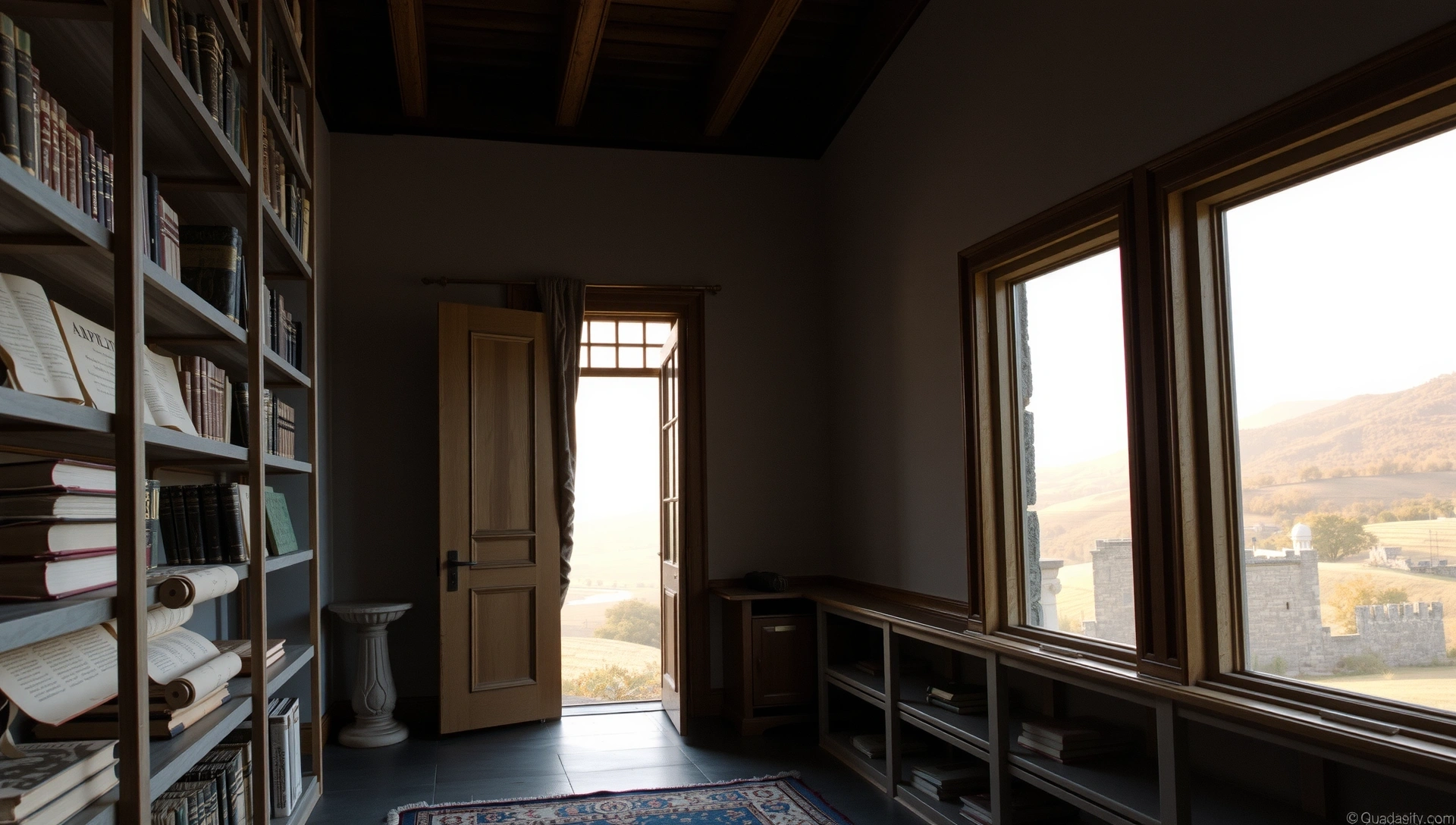 Rafturi pline cu cărți și manuscrise vechi, cu un fundal subtil de natură, simbolizând învățătura și înțelepciunea.