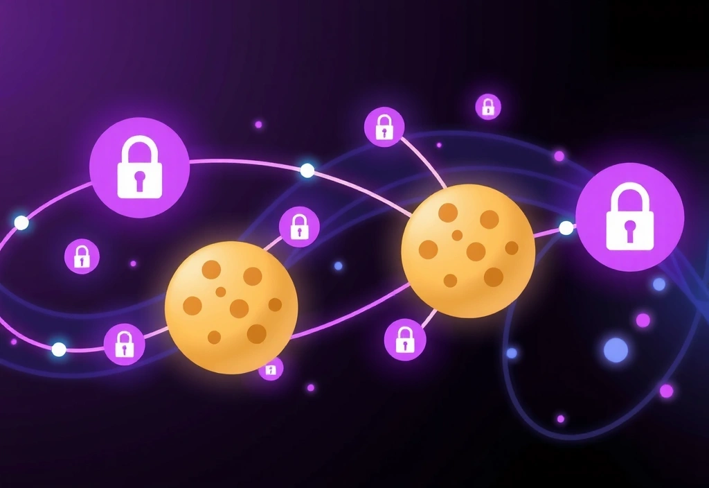 Ilustrație cu biscuiți digitali și simboluri de confidențialitate