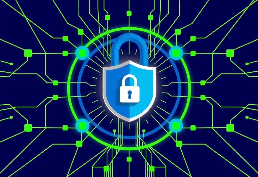 Ilustrație cu simboluri de securitate cibernetică și confidențialitate datelor