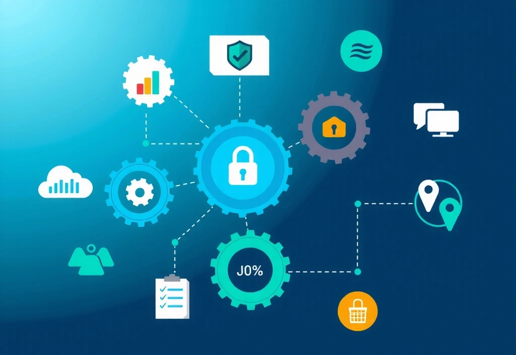 Ilustrație a unui proces de date securizat, cu pictograme de analiză și comunicare