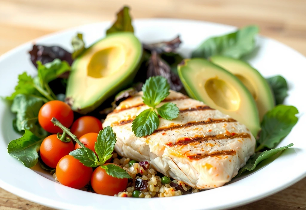 O farfurie plină cu alimente sănătoase și colorate