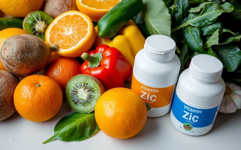 O varietate de fructe și legume bogate în vitamine, alături de suplimente de vitamina C și zinc
