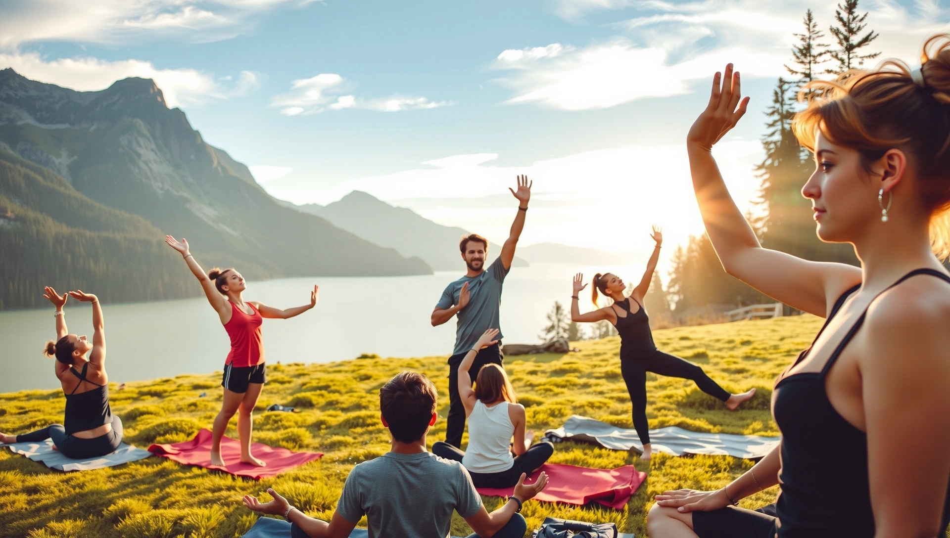 Oameni practicând yoga și meditație într-un peisaj natural seren, simbolizând echilibrul și liniștea