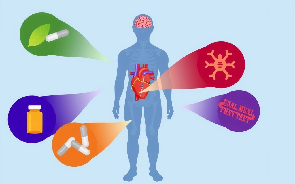 Diagram showing the various benefits of supplements on different body organs like heart, brain, bones, and immune system.
