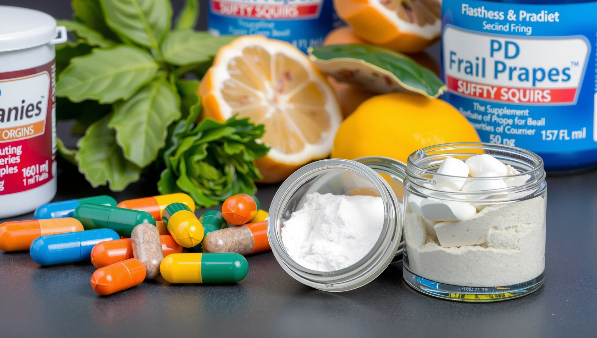 Diverse supplements like capsules and powders with natural elements in the background, creating a serene and healthy atmosphere.