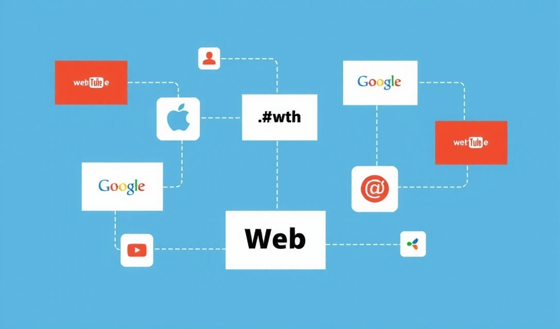 Ilustrație cu link-uri web care se conectează la diverse site-uri, reprezentând interconectivitatea internetului.