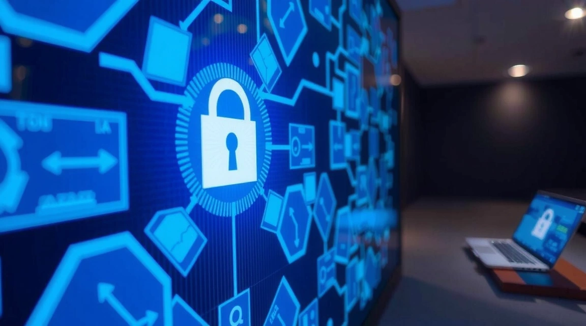 Imagine abstractă reprezentând drepturi de autor și proprietate intelectuală, cu simboluri de copyright și un lacăt digital.